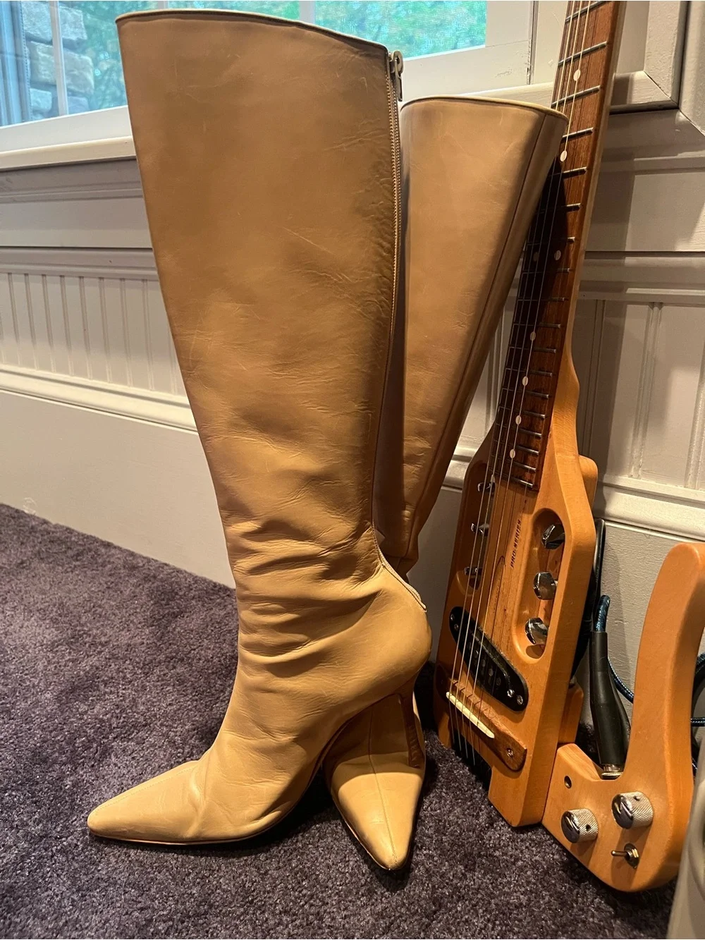 Manolo Blahnik Camel Pointed-Toe Over-the-Knee Leather Boots